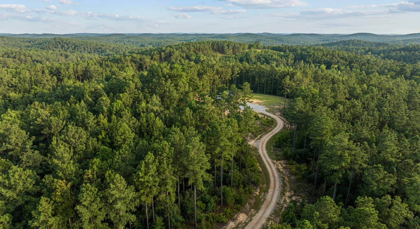 Aerial view of a dirt road winding through Georgia pine forest